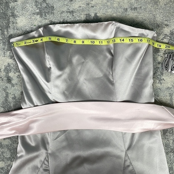 After Six Strapless Bridesmaid Dress Tea Midi Silver with Pink Waist Sash 10 - Picture 7 of 13